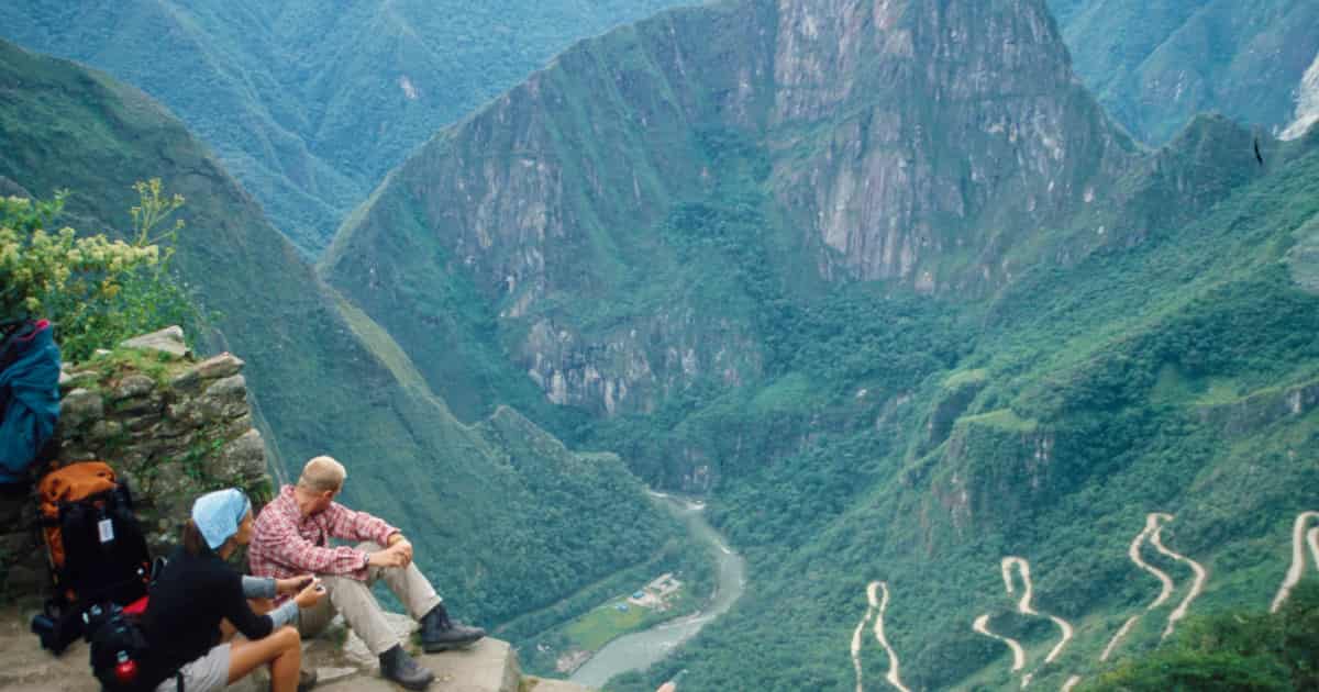 tourists overlooking Inca hiking trail
