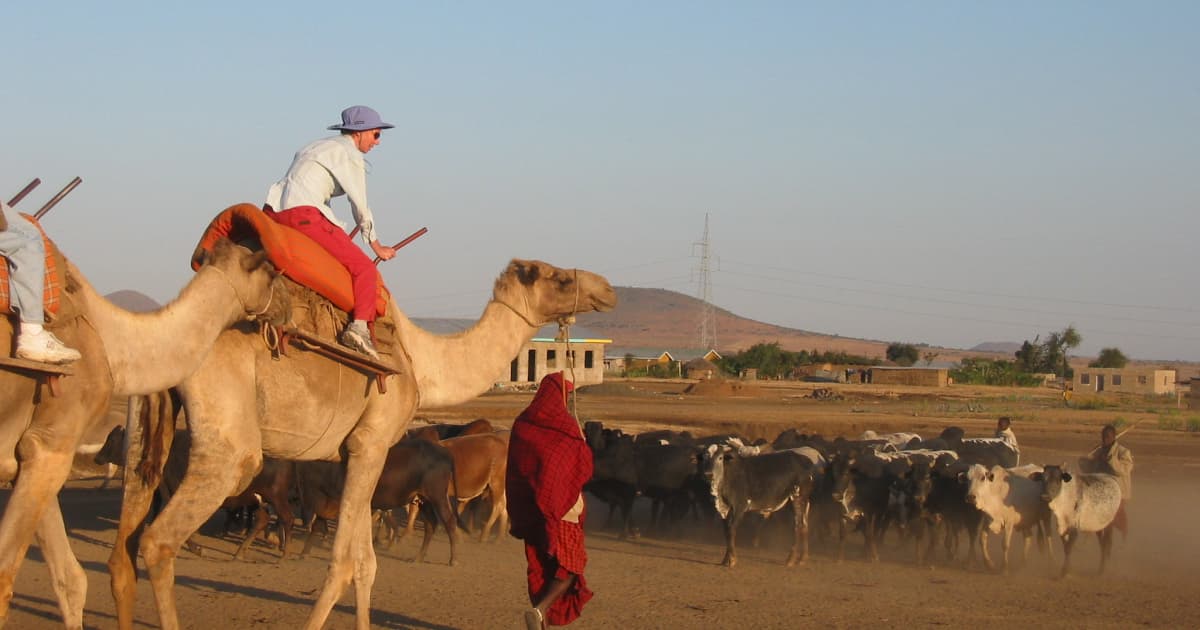 Travelers riding camels through a village