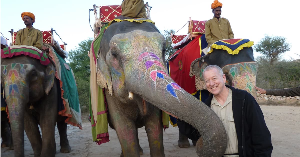 Traveler standing beside a group of elephants and elephant riders