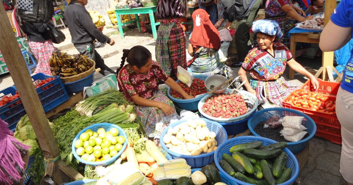 farmers selling local ingredients at a stall at a busy farmers market