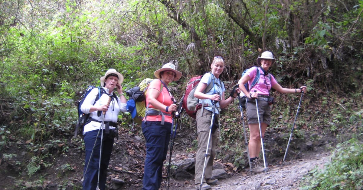 4 travelers walking up the steep incline of the Inca trail using hiking poles