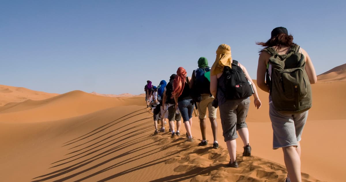 A group of travelers hiking the dunes of the Sahara desert