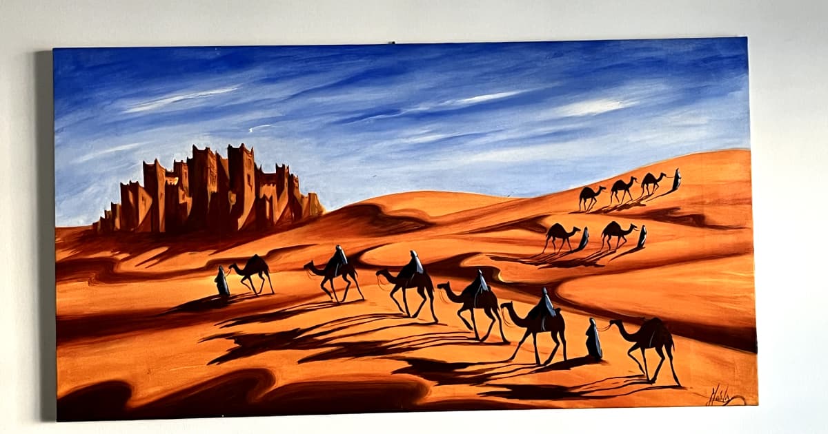 A painting of the travelers camel riding at the sahara desert under sunset