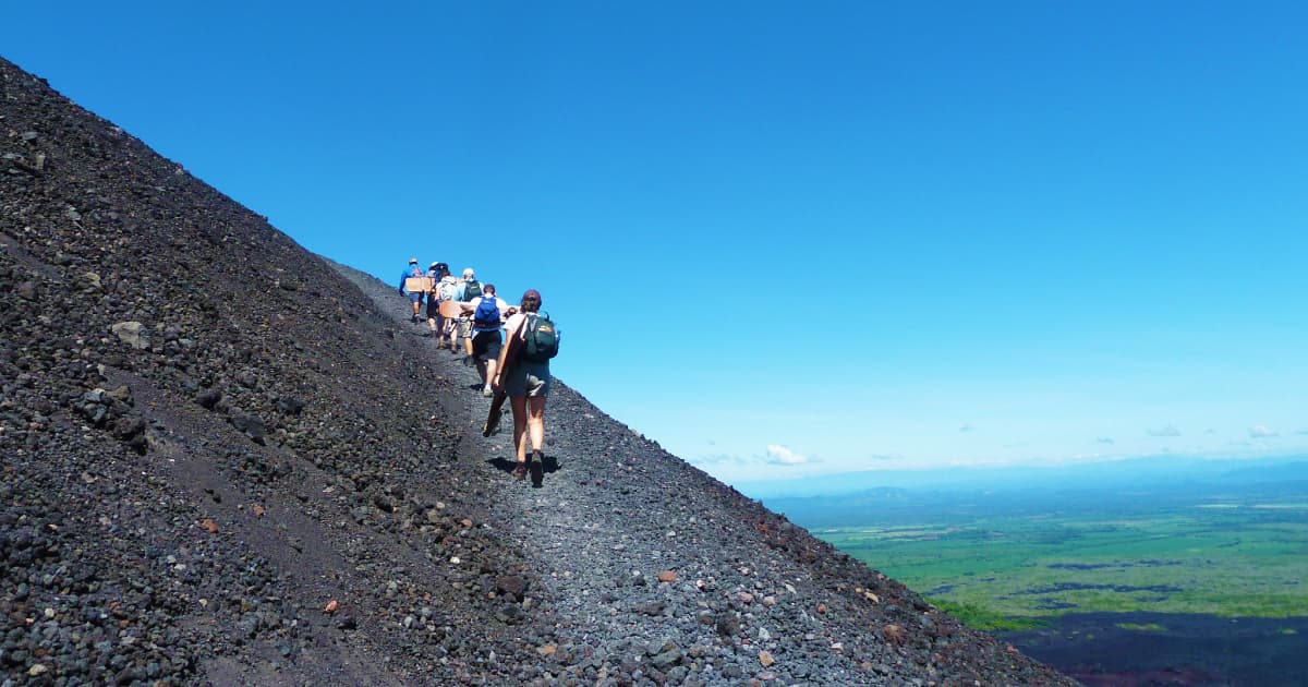 hiking up a volcano
