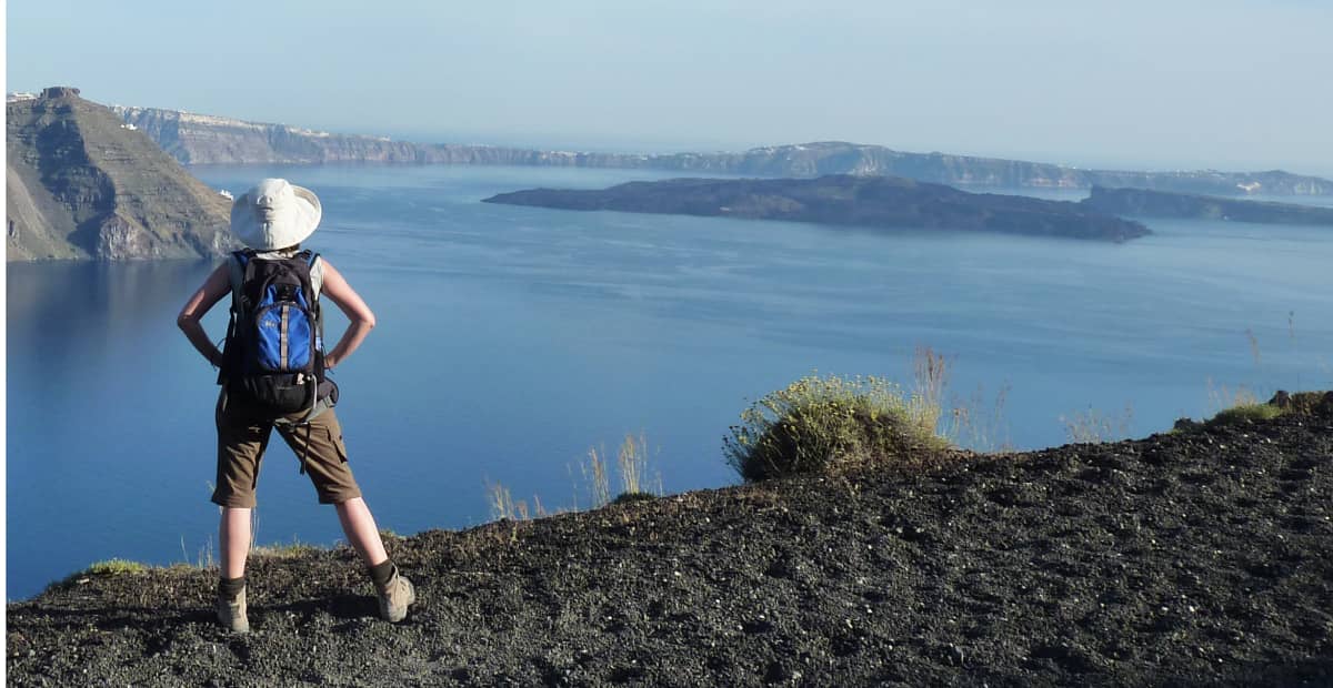 hiker overlooking lake