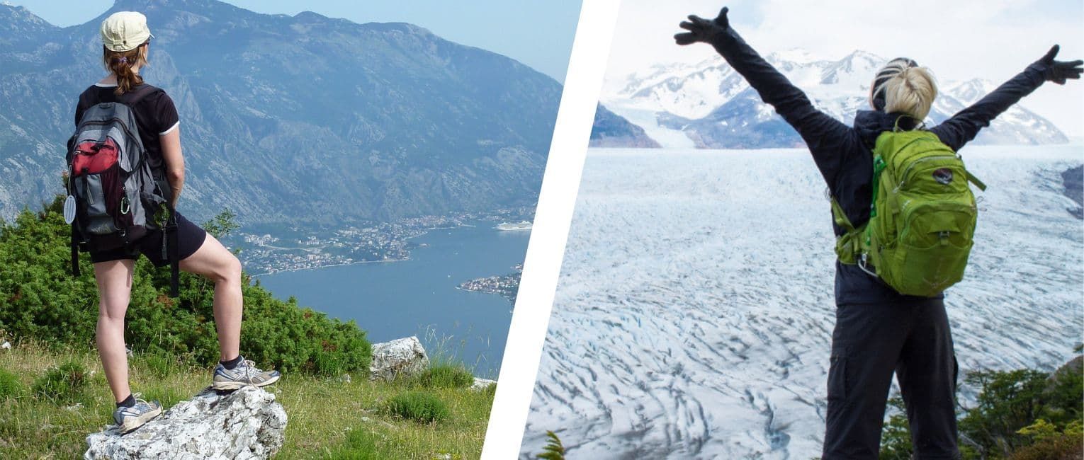 A hiker overlooking a scenic view on a trail vs. a trekker overlooking a snow capped landscape