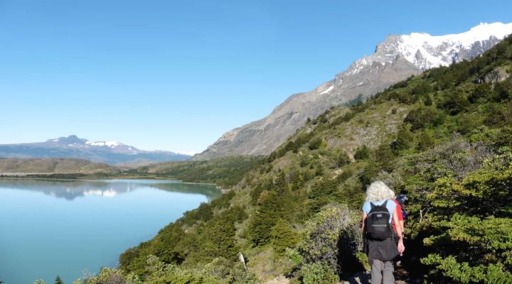 Traveler on hiking route of Torre del Paine national park