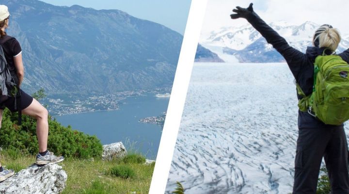 A hiker overlooking a scenic view on a trail vs. a trekker overlooking a snow capped landscape