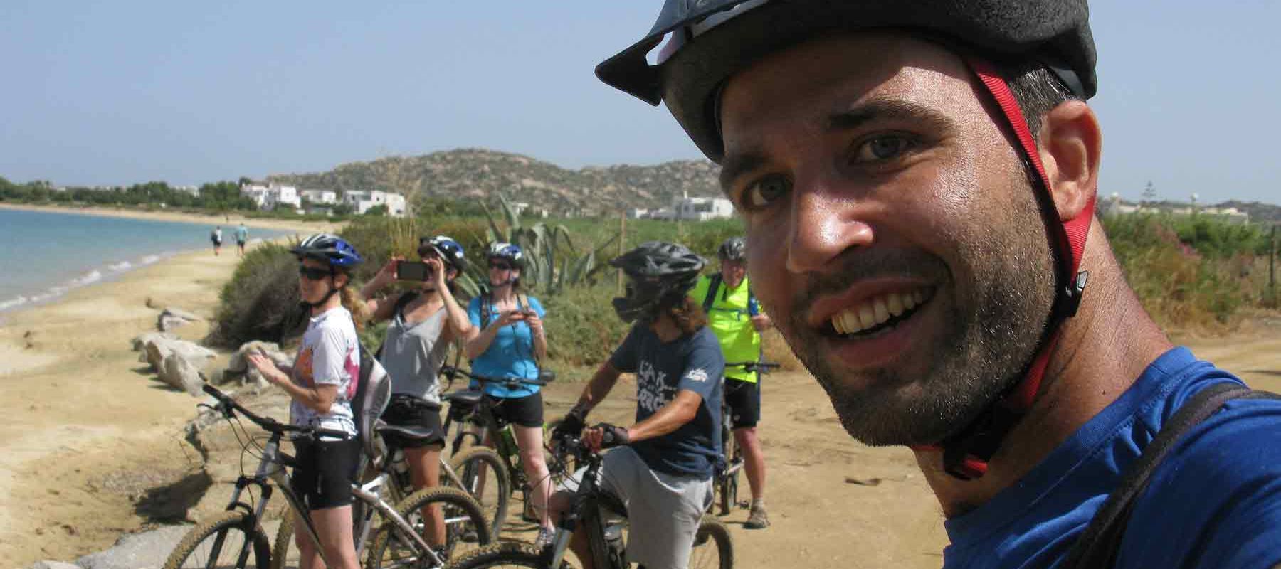 Group biking through Santorini Greece