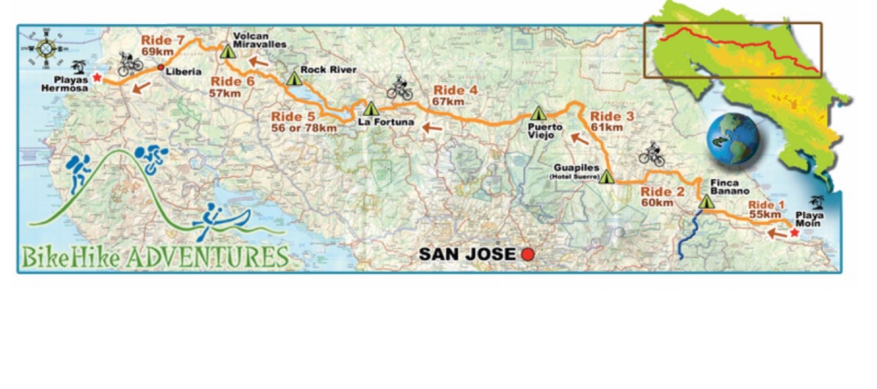 costa rica bike tour route map